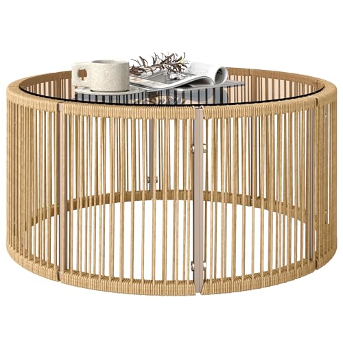 Outsunny Table Basse de Jardin Ronde en Résine Tressée, Table d'Appoint avec Plateau en Verre Trempé et Cadre en Acier Galvanisé pour Patio, Jardin, Salon, 70x70x33cm, Marron