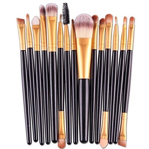 Sankuwen 15PCs Makeup Brush Set Tools Toiletry Kit (Black-Golden)