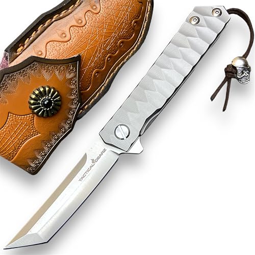 TACTICAL GEARZ EDC Titanium Folding Pocket Knife, Solid Tc4 Titanium Handle, CPM-D2 Steel Tanto Blade (Saint ST Beast Bundle)
