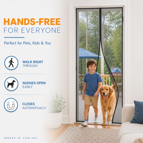 Image of Magnetic Closure Screen Door for 39 inchx99 inch French Door Sliding Door Pet and Dog Friendly, Durable Fiberglass Mesh Double Door Screen Mesh Retractable Curtain, Keep Bugs. Mosquito Out, Fly Screen
