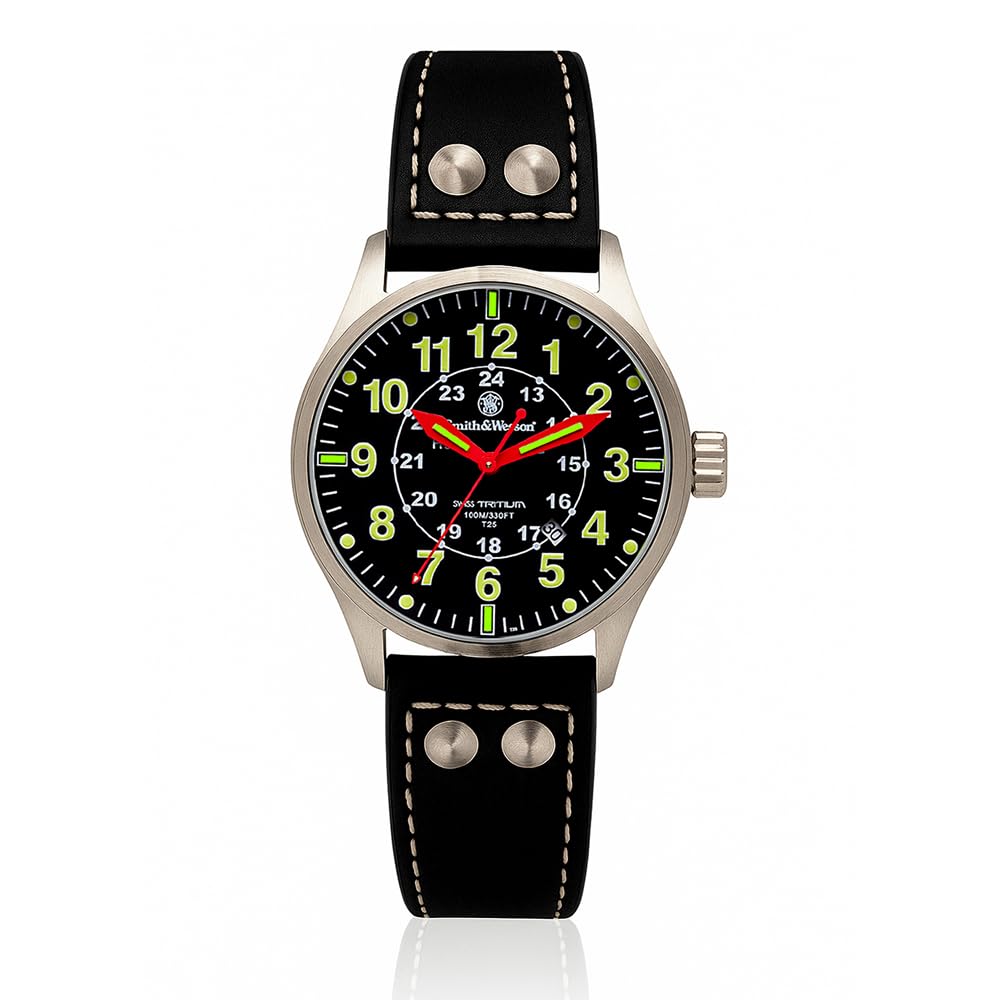 Smith & Wesson 3SWW-GRH-1 Mumbai Lamplighter Swiss Tritium Watch (Relojes de Hombre) with Leather Strap, Black, Waterproof Tactical Military Watch with Precision Quartz Japanese Components Movement
