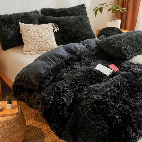 Fluffy Faux Fur Black Comforter Cover Queen Set – Plush Fluffy Black Bedding 3-Piece Set (1 Duvet Cover + 2 Furry Pillow Shams) Cozy Bed Set