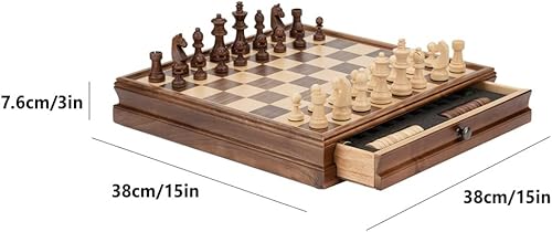 Miniatura 2 de ROLTIN Juego de ajedrez de madera 2 en 1 con cajones, juego de tablero de ajedrez hecho a mano con damas y 2 reinas adicionales, ajedrez de lujo de
