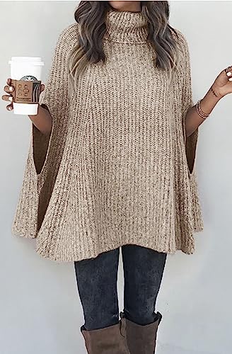 KIRUNDO Women's 2025 Fall Winter Turtleneck Poncho Sweater Fashion Chunky Knit Cape Wrap Sweaters Pullover Jumper Tops4