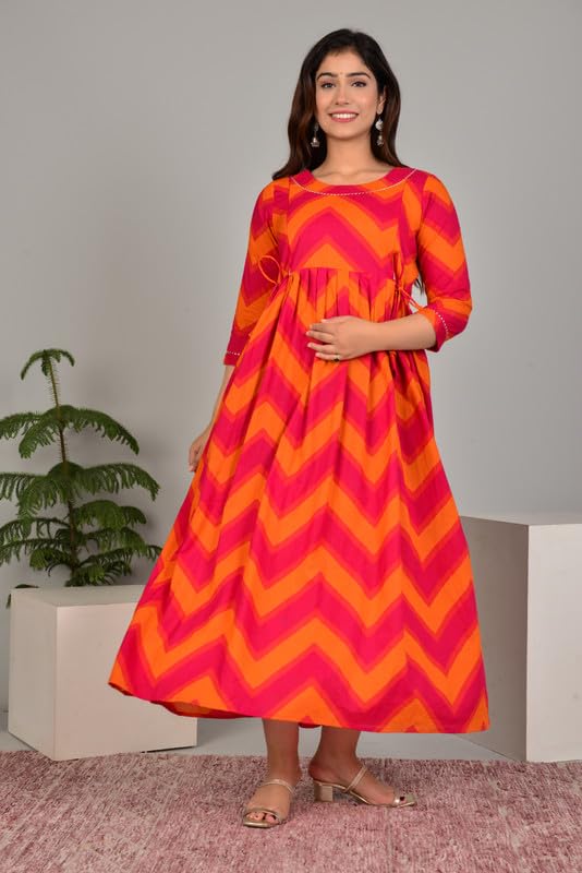 Image of Women's Pure Cotton Printed Maternity Gown /Maternity wear /Feeding Gown A-line Maternity Feeding Dress Maternity Kurti Gown for Women