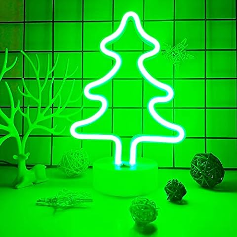 VIFULIN Christmas Tree Neon Sign Led Neon Night Light for Bedroom Decor Battery/USB Powered Neon Light Signs for Christmas Party Green Xmas Tree Light Up Sign for Desk Table Decor Neon Lamps with Base Cover