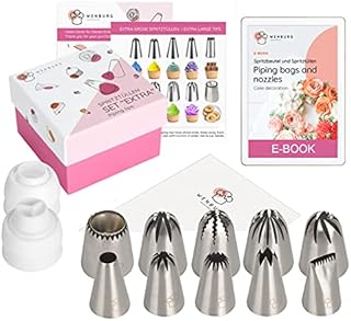 Wenburg Extra Large Piping Tips Set - Piping Bags and Tips Set with Coupler - 10 XL Cake Decorating Tips - Frosting Piping Kit - Rosette, Star, Sultan, Macaron, Eclair Nozzles (Extra)