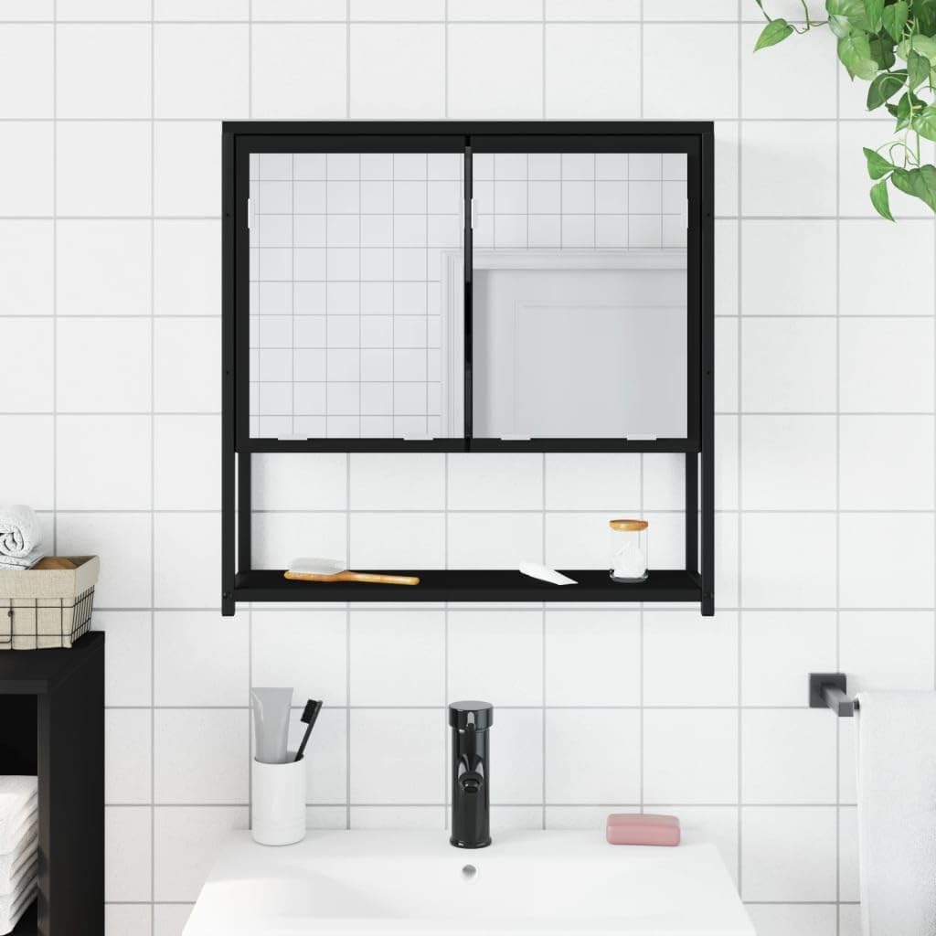 Modern Black Bathroom Mirror Cabinet with Two Spacious Compartments for Wall Mounting Storage and Organization