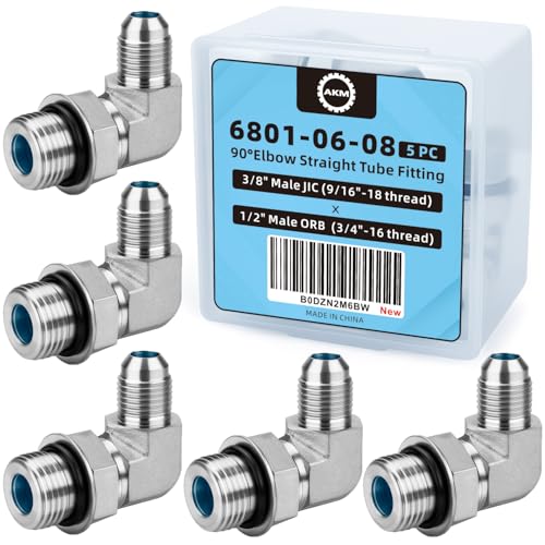 Image of 90 Elbow Straight Hydraulic Hose Adapter Fittings, 6801-06-08 3 /8 inch Male JIC (9 /16 inch-18 thread) x 1 /2 inch Male ORB (3 /4 inch-16 thread) Connectors x 5 pack