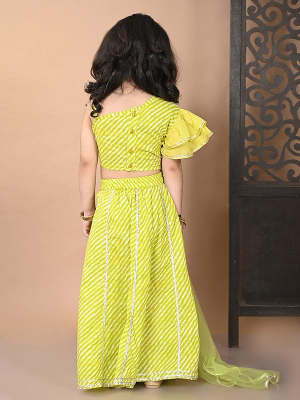 Image of superminis Girl's Cotton One Shoulder Lehariya Printed Readymade Lehenga Choli And Net Dupatta Set