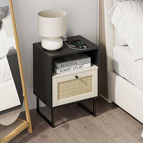 Image of Masupu Boho Night Stand, Small Rattan Side Table, Wood Nightstand with Drawer and Charging Station, Bedside Table with White Shelf, End Table for Bedroom,Living Room,Office (Black Mix White)