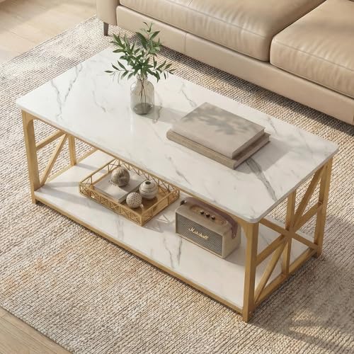 Image of GOFLAME 2-Tier Rectangular Coffee Table, Modern Center Table with Wooden Top, Metal Frame, X Shaped Side Pattern, Display Accent Tea Tables, Living Room Tables for Apartment (White & Gold)