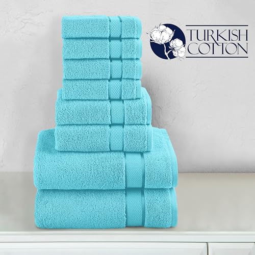 Image of Elegant Comfort Premium Cotton 8-Piece Towel Set, Includes 4 Washcloths, 2 Hand Towels and 2 Bath Towels, 100% Turkish Cotton - Highly Absorbent and Super Soft Towels for Bathroom, Aqua