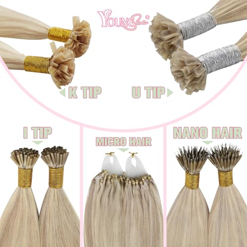 Image of YoungSee K Tip Hair Extensions Human Hair Blonde with Bleach Blonde Highlight Keratin Hair Extensions Highlight 18In 1G /S 50G