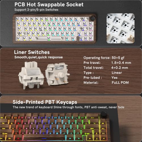 Image of womier L65 60% Brown Mechanical Keyboard with Knob,4000mAh,Tri Mode USB-C /BT5.0 /2.4G,RGB Backlit,Hot Swap,Linear Switch,Gasket Mounted Wireless Gaming Keyboard for PC /Mac,Wood Pattern Theme