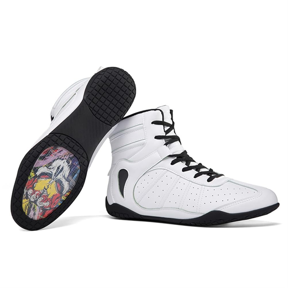 Zapatos de Boxeo y Lucha para Hombres, Soporte de Tobillo de Cuero, Botas de competición y Entrenamiento Antideslizantes, Calzado cómodo para Kickboxing y Lucha.,Blanca,35 EU