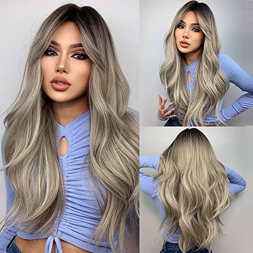 COOlHAlR Ash Blonde Wigs for Women Long Hair Wig with Bangs