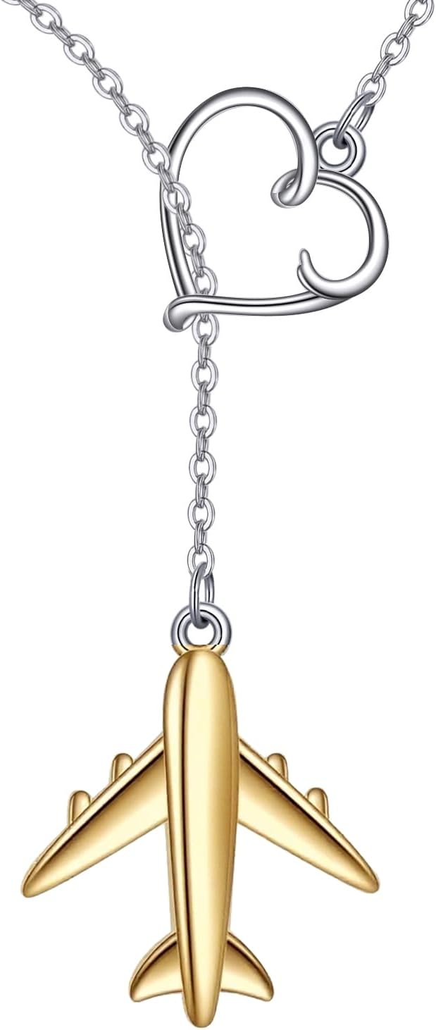 CRMAD Airplane Necklace for Women Sterling Silver Heart Flight Attendant Gifts