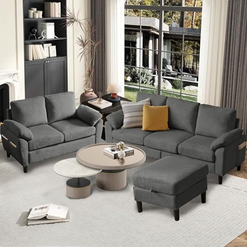 Image of 79.72 inch 3 Piece Corduroy Sofa Set with Storage Ottoman & Loveseat, L Shaped Sectional Couch with Side Pockets, Convertible Living Room Furniture Set for Small Space