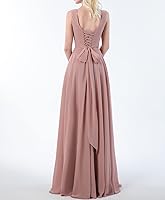 Vista 2 de Vestido de dama de honor de gasa con cuello en V para mujer, vestido largo de línea A, vestidos formales