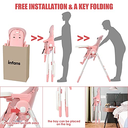 Infans 4 In 1 High Chair–Booster Seat, Convertible Highchair W/Adjustable Height And Recline,Removable Tray,Detachablecushion, Installation-Free,Simple Fold For Baby, Infant& Toddler (Pink) #TOP5