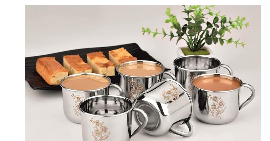 Image of One Bro Stainless Steel Tea Coffee Cup Set of 6, 150 ML Flowe Print Laser Finished Laser Finished, Flower Print Design, Sober Shape, Rust-Resistant Steel, Easy Grip Handle