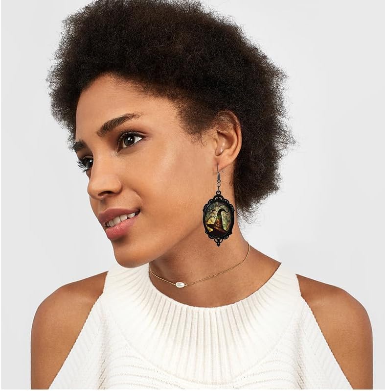 coadipress Halloween Gothic Witch Necklace Earrings Set for Women Mystery Witch Earrings Punk Style Witches Necklace Gothic Victorian Earring Vintage Crystal Glass Cameo Earrings Halloween Jewelry - Image 4