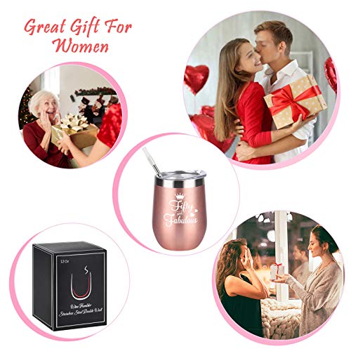 Gingprous 50Th Birthday Gifts For Women Wife Mom Friends Coworkers, Fifty And Fabulous Wine Tumbler For 50Th Birthday, 12 Oz Stainless Steel Insulated Wine Tumbler With Lid And Straw, Rose Gold #TOP3