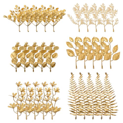 Lnngub 30 Pcs Gold Leaves Artificial Flowers Mini Simulation Gold Eucalyptus Stems Cedar Elm Leaves Grass Stems for Wedding Picks Decoration Centerpieces DIY Wreath Crafts Christmas Tree Filler