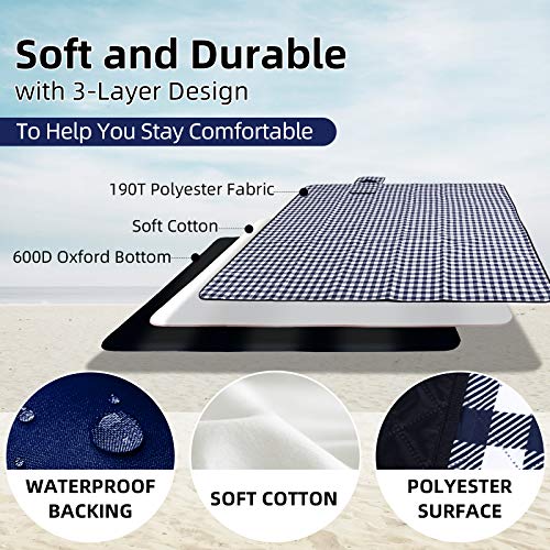 ZAZE Picnic Blankets Machine Washable, 80\'\'x80\'\' Extra Large Waterproof Sandproof Foldable Compact Beach Blanket, Oversized XL Outdoor Mat for Spring Summer Camping, Park, Travel Grass(Blue and White)