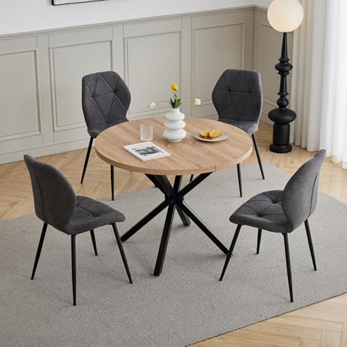 GrandCA HOME Ensemble Table et Chaises à Manger, Table à Manger Ronde de 100 cm et 4 Chaises en Lin Modernes, pour Salle à Manger, Cuisine, Salon (Claire...