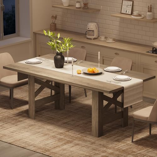 GarveeHome Dining Table for 6-8, 71″ Long Large Wooden Farmhouse Kitchen Table with Thick Sturdy Frame, Rectangular Dining Room Dinner Table with Stable Triangular Legs for Kitchen,Office, Rustic Gray