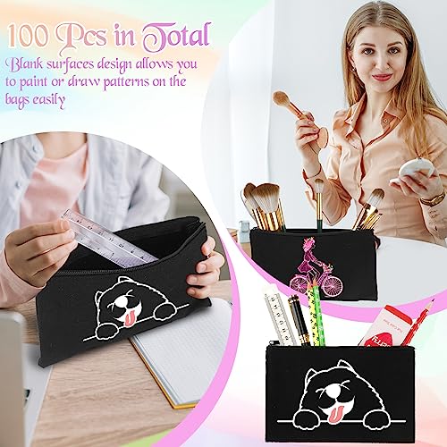 Fainne 100 Pack Canvas Makeup Bags Bulk 7.1 x 4.3 Inch Blank DIY Craft Canvas Pencil Pouch Pencil Case Multi Purpose Travel Toiletry Zipper Pouch Cosmetic Bags for Stationary Storage(Black)3