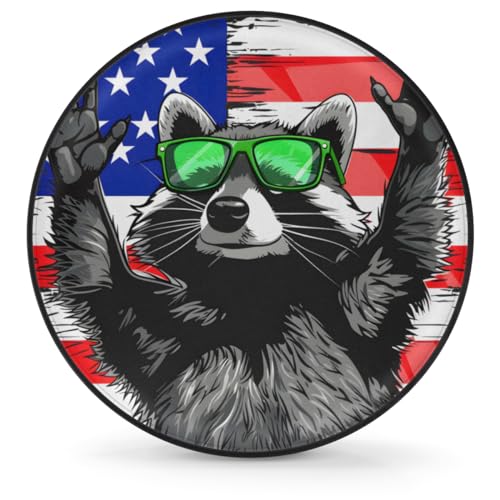 Image of Spare Tire Cover for RV Trailer, American Flag Raccoon Tire Covers Universal Fit for Travel Trailer Camper Jeep RV SUV Truck Waterproof Wheel Cover (14 inch for Diameter 25 inch - 27 inch)