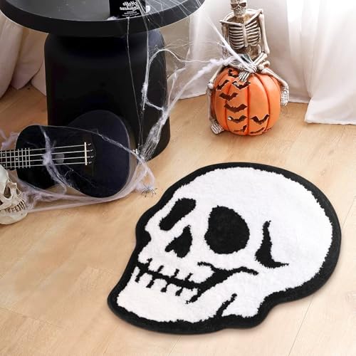 Percozzi Halloween Skull Bath Mat Gothic Tufted Rug Goth Black And White Non-Slip Floor Mat For Indoor Bathroom Kitchen Bedroom Plush And Soft Absorbent Bath Mat Halloween Bathroom Rug thumb #4