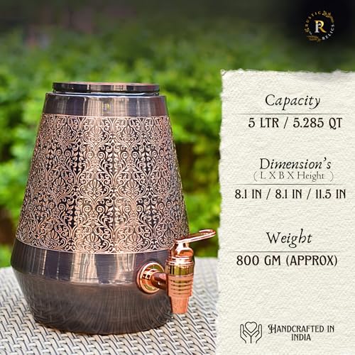 Image of Antique Copper Water Matka - 5L | with Eye Catching Embosed Engraving Design | Copper Water Storage Dispenser with Ayurvedic Health Beneifts | for Home and Offices Purpose