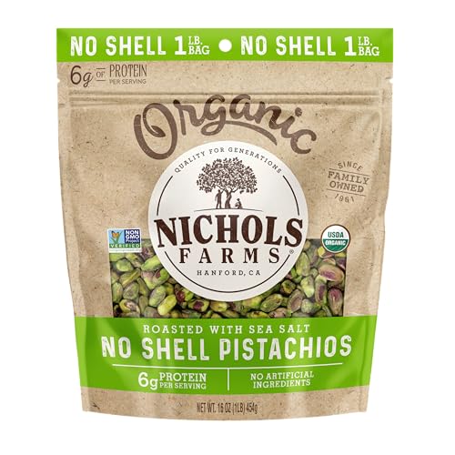 Image of Nichols Farms Organic No Shell California Pistachios, Roasted with Sea Salt, 1LB (Pack of 2)