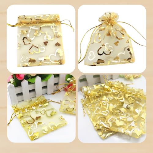 Image of 100 pcs 3.5 x 4.7 Inch Flower Heart Organza Jewelry Gift Pouch Candy Pouch Drawstring Wedding Favor Bags X92 (gold gold heart)