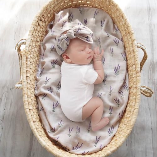 Image of LifeTree Muslin Swaddle Blankets, Muslin Baby Boy Swaddle Blanket, Headband and Hat Set with Birth Announcement Card, Newborn Unisex Receiving Organic Cotton Blankets, Lavender Pattern