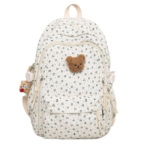 Cute Floral Backpack with Bear Pendant Floral, Coquette Nylon Backpack, Preppy Kawaii Daypack for Travel (Blue)