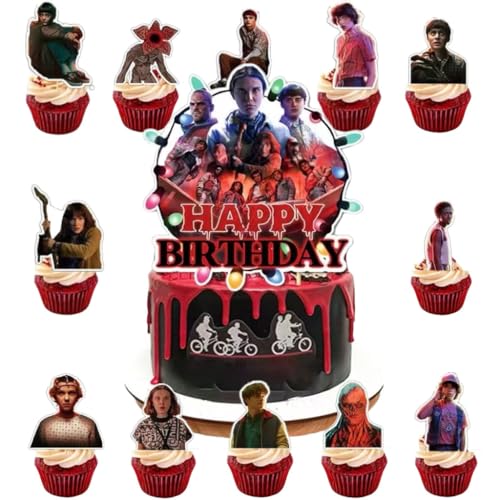 13 Pcs Stranger TV Cake Decorations with 12pcs Cupcake Toppers 1pcs Happy Birthday Cake Topper Perfect for Theme Party and Birthday Celebrations