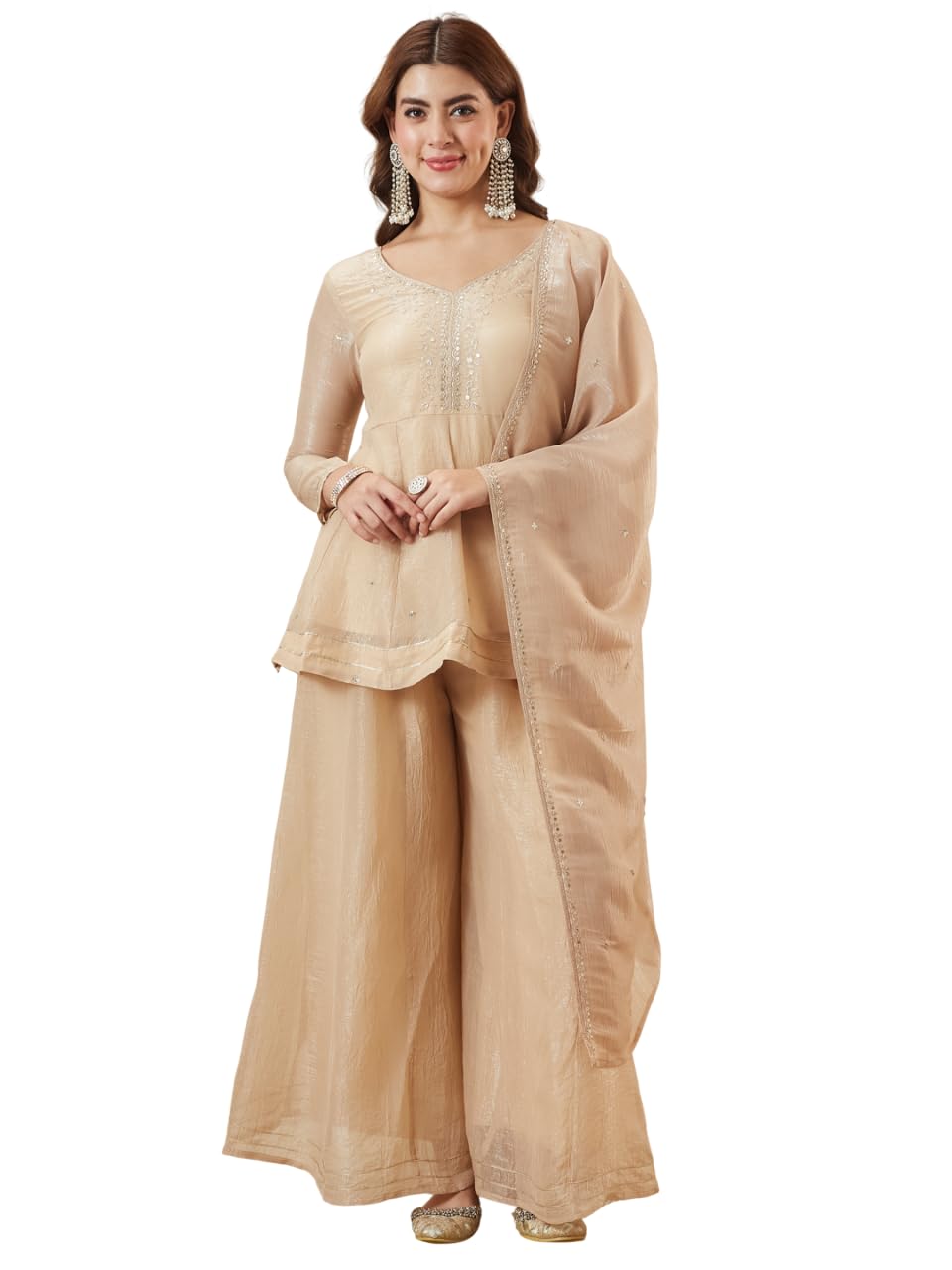 MOKOSH Women’s Silk Embroidered Kurta Sharara Set with Dupatta | Haldi, Wedding and Party Ethnic Sharara Suit Set