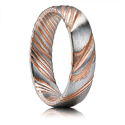 THREE KEYS JEWELRY 6mm Damascus Steel Mens Wedding Ring Domed Grooved Wood Grain Bold Hand Forged Damascus Steel Wedding Band Engagement Ring Silver Rose Gold Size 6.5
