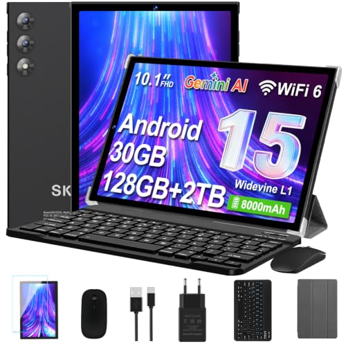 Tablet 10 Zoll mit Tastatur und Maus, Android 15 mit Gemini AI, Schwarz – Ansicht 1