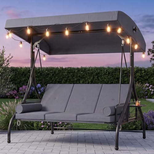 Image of Aoxun Outdoor Porch Swing with Stand and Canopy, 3 Seats Outdoor Swings for Adults, Convertible 2 in 1 Swing Bed with Cup Holder, Patio Swings with String Lights for Garden, Yard & Balcony, Grey