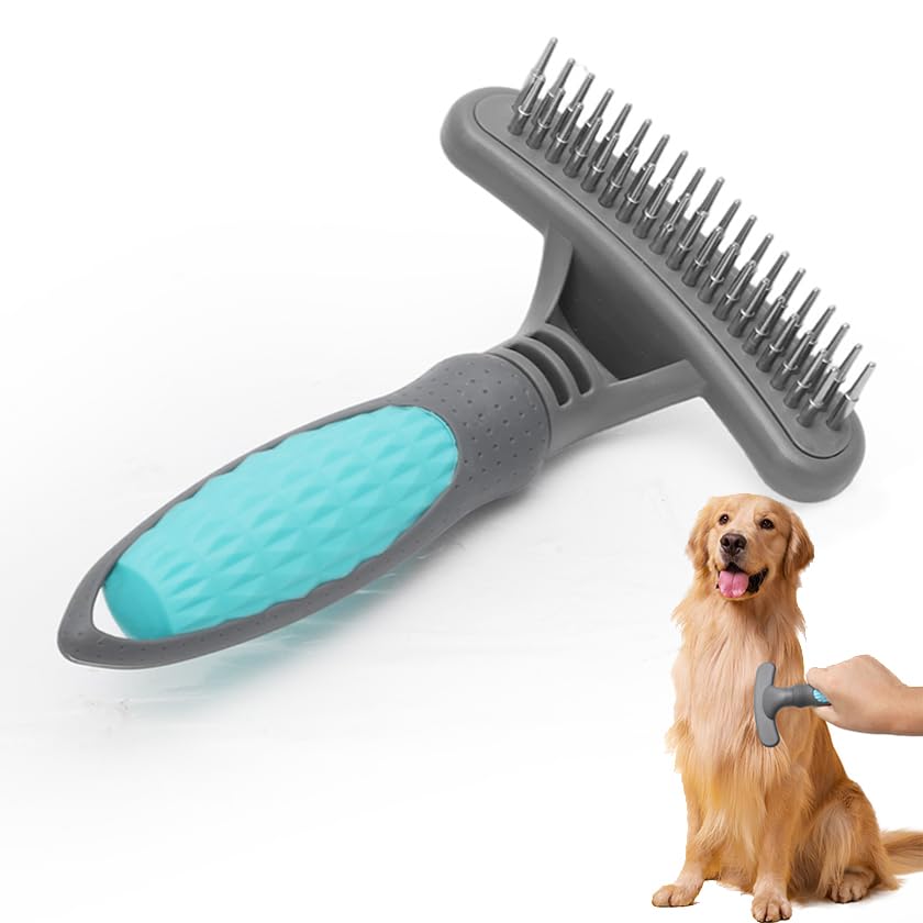 Pettine Rastrello per Cane e Gatto - Spazzola Dematting Antigroviglio per Pelo Lungo e Medio - Denti in Acciaio Inox Arrotondati e Levigati - Manico Ergonomico Antiscivolo - Rimuove il Sottopelo, Blu