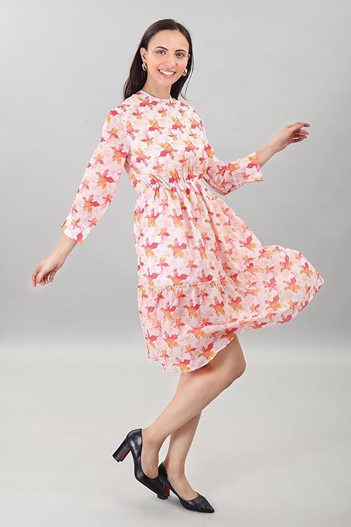 Image of A-Line Floral Printed Fit & Flared Western Brown Dress for Women | One Piece Midi Dress for Women Stylish Western Printed Dresses