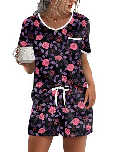 Image of Ekouaer Pajama Set for Women 2 Piece Lounge Set Short Sleeve Tops and Shorts Soft Sleepwear, Chest Pocket