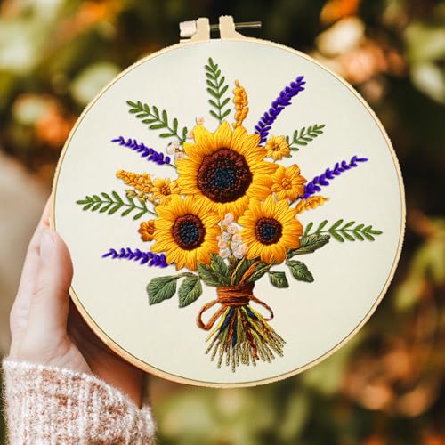 Image of ACRNIGHEET 5PCS Embroidery Kit for Beginners Embroidery Flower Sewing Pre Printed Pattern Embroidery Starter Kit with Instructions, Including 5 Stamped Embroidery Cloth and Various Accessories
