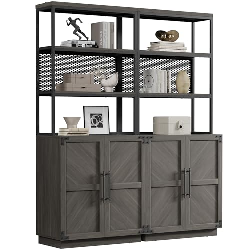 SICOTAS Tall Bookshelf with Storage Cabinet - Modern Book Shelf with Doors and Shelves, 5 Tier Bookcase with Metal Frame Industrial Large Book Case for Home Office, Living Room, 75 Inch, Ash Ash Gray